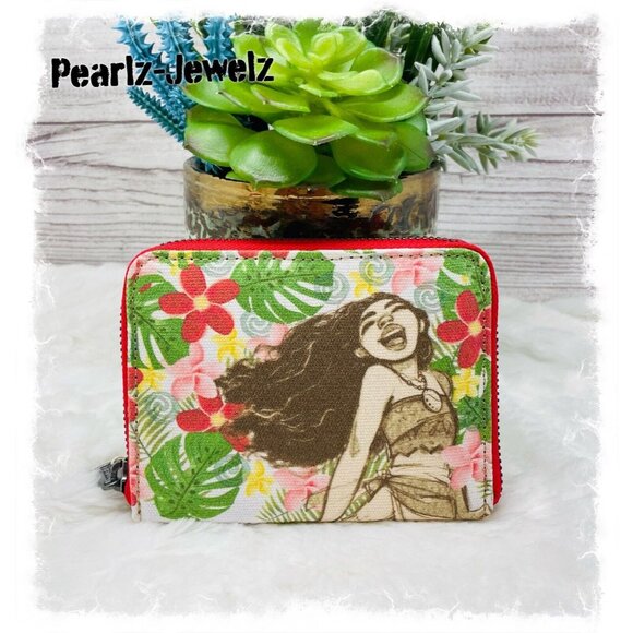 Loungefly Disney Moana Floral Canvas Burlap Small Zip Around Wallet NWT - Picture 1 of 3